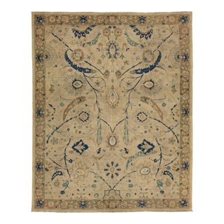 Vintage Tabriz Style Wool Area Rug – Neutral Persian Design With Indigo Accents For Sale