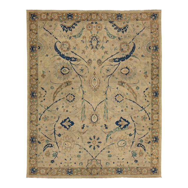 Vintage Tabriz Style Wool Area Rug – Neutral Persian Design With Indigo Accents For Sale