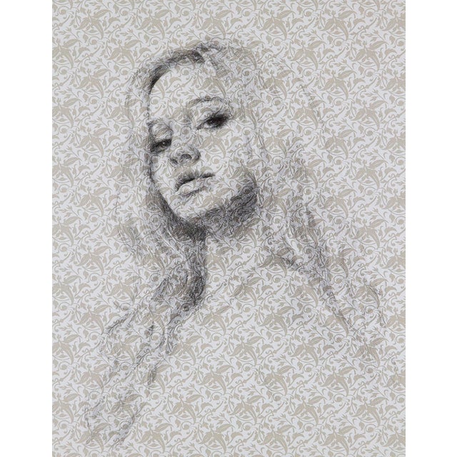 The artwork features a delicate graphite portrait of a woman, her serene expression captured with soft, fluid lines. The...