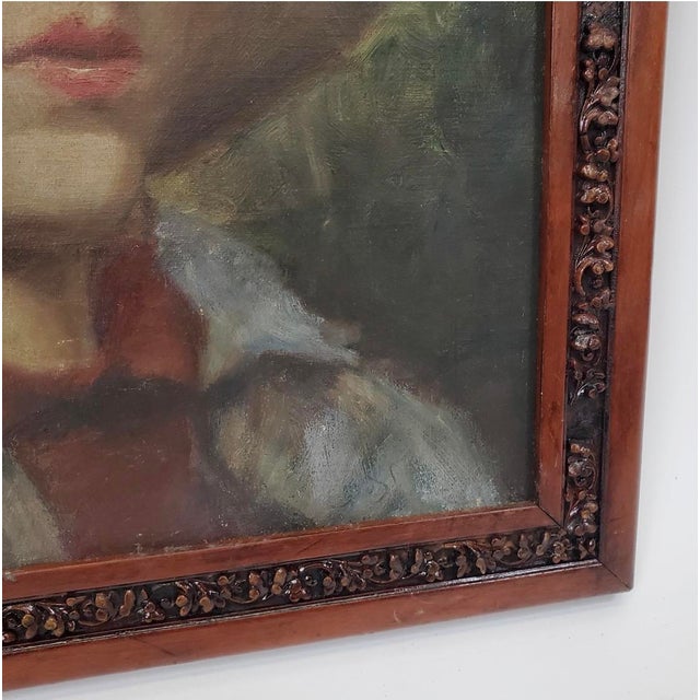 Antique Oil Portrait of a Young Boy in a Straw Hat For Sale - Image 12 of 18