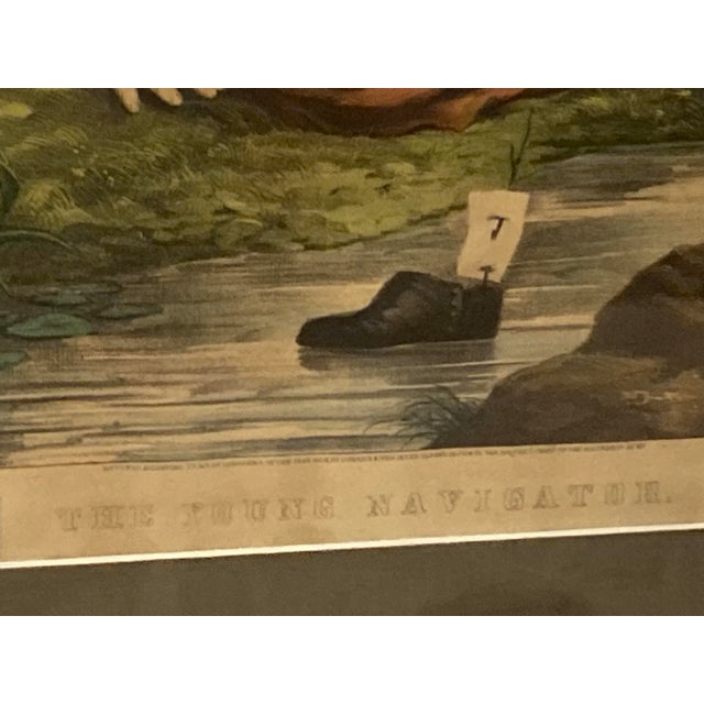 Green American Americana Currier & Ives Print, Titled the Young Navigator 1858. It Is an Original Hand-Colored Lithograph. For Sale - Image 8 of 10