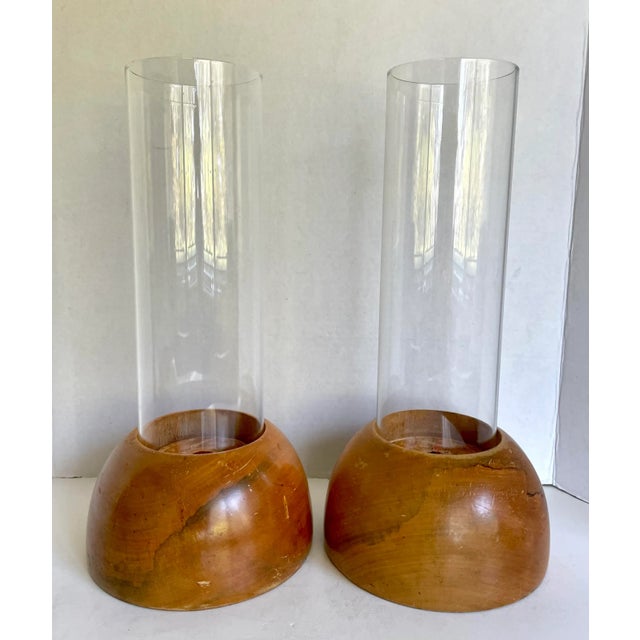 Here is a wonderful PAIR of matching Danish modern hurricanes. These are meant to hold a candle in the center - there is a...