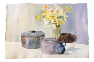 Original Vintage Impressionist Still Life Painting With Pots & Daffodils