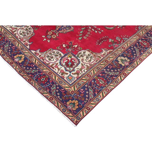 Vintage Shabby Chic Tabriz Red/Blue Wool Rug - 6'9'' X 9'5'' For Sale - Image 4 of 9