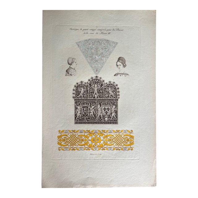 Mid 19th Century French Etching Reproduction of Embroidery Patterns in the Court of Henry III by Nicolas Xavier Willemin For Sale