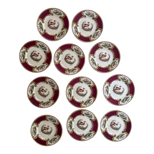 Antique Myott Chelsea Bird Bread Plates – 6 3/8-Inch Staffordshire England Porcelain With Burgundy and Gilt Decoration - Set of Eleven (11) For Sale