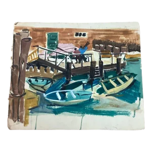 Mid 20th Century Boats in Harbor Painting