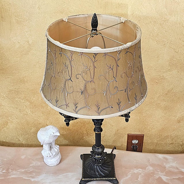 Vintage Victorian Candelabra Table Lamp – Ornate Metalwork & Embroidered Shade, 30” For Sale - Image 4 of 18