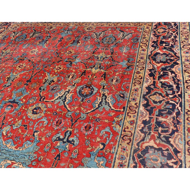 Antique Tabriz Rug With All Over Design in Rust Red, Blue's, Yellow, and L. Blue 9'7 X 13'3 For Sale - Image 9 of 12