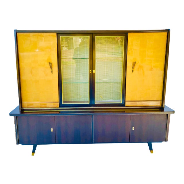 Midcentury Modern Style Classic Breakfront Cabinet Figured-Maple 2-Piece 79x61 Very Good For Sale