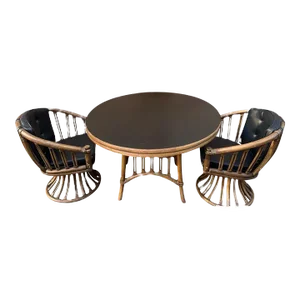 1960s Vintage Mid-Century Ficks Reed Coastal Rattan Patio Table & Chairs, 3pcs