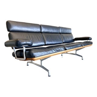 20003 3-Seat Sofa by Ray and Charles Eames in Teak W/ Black Leather For Sale