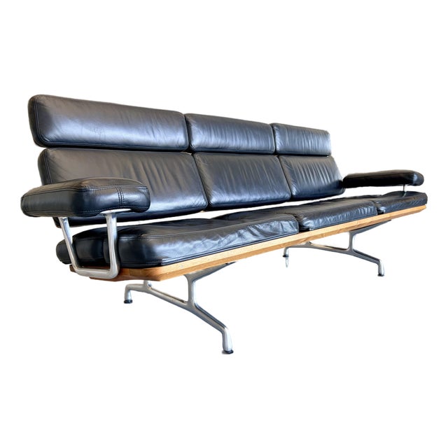 20003 3-Seat Sofa by Ray and Charles Eames in Teak W/ Black Leather For Sale