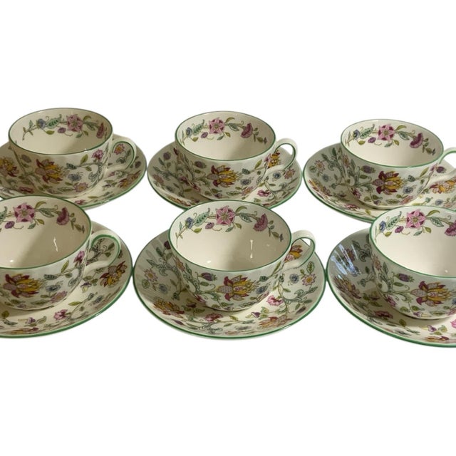 Minton Vintage Minton Haddon Hall Flat Cup & Saucer Set of 6 Fine Bone China Green Trim - 12 pcs For Sale - Image 4 of 5