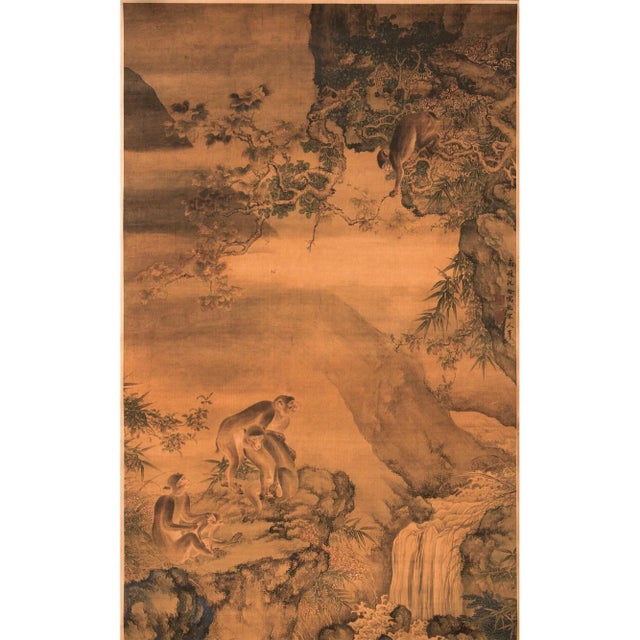 Post-1940s printed scroll after the painting "Landscape With Monkeys" by Chinese artist of Qing Dynasty, Shen Quan (circa...