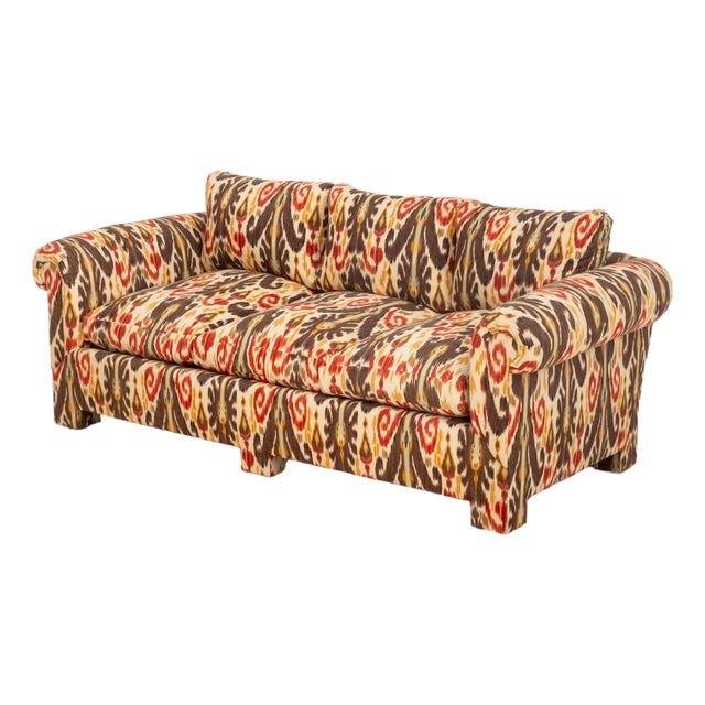 Modern Ikat Fabric Upholstered Three-Seat Sofa For Sale