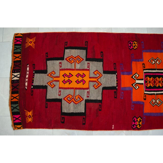 Textile Vintage Runner Rug Kilim• Turkish Handwoven Tribal Flat Weave • Hallway Kitchen Decor - 3′4″ × 14′4″ For Sale - Image 7 of 15