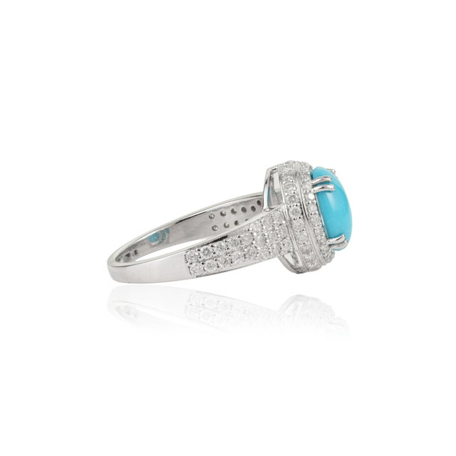 Metal Statement 1.47 Carat Turquoise & Diamond Halo Cocktail Ring Size 4 in 14k White Gold For Sale - Image 7 of 16