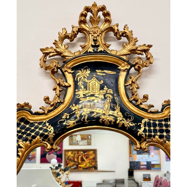 Mid 20th Century Large Hand Painted Chinoiserie Black Lacquer & Gold Gilt Mirror With Carved Rococo Crest For Sale - Image 5 of 8