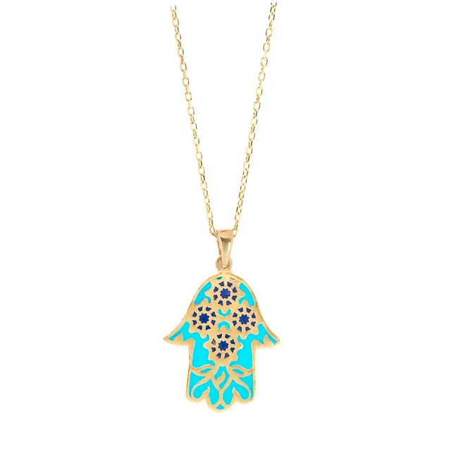 Turquoise Floral Hamsa Hand Pendant Turquoise & Gold Necklace For Sale - Image 8 of 8