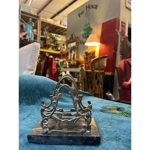 Mid-Century Modern Vintage Brass File/Paper Organizer With Marble Base For Sale - Image 3 of 6