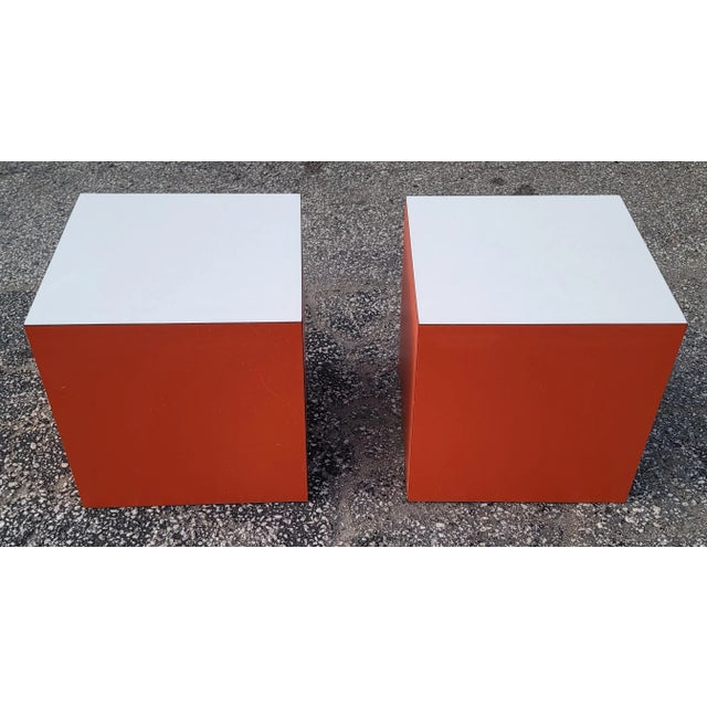 Mid 20th Century Vintage Postmodern Orange with White Top Laminate Cube Side Tables - a Pair For Sale - Image 4 of 7