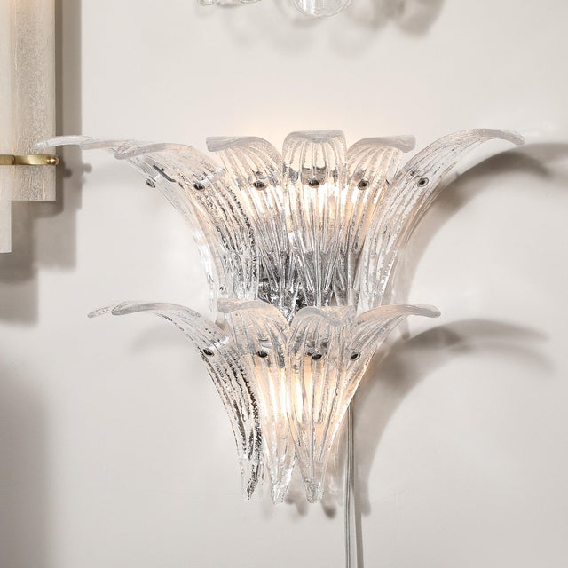 Pair of Modernist Hand-Blown Murano Clear Glass & Nickel Fitted Palma Sconces For Sale In New York - Image 6 of 12