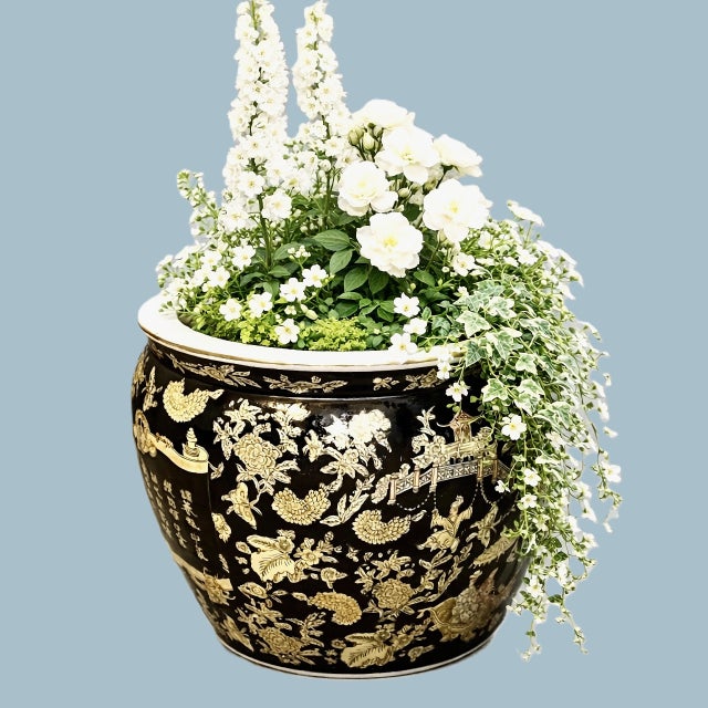 Chinoiserie Mid 20th Century Hand Painted Black and Gold Chinese Fishbowl Planter - 12" Wide For Sale - Image 3 of 12