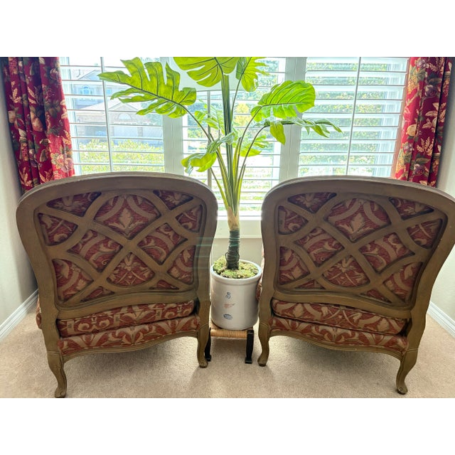 Pair of Vintage Homestead House French Provincial Upholstered Bergère-Style Armchairs For Sale - Image 10 of 11