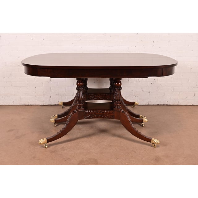 Baker Furniture Style Georgian Mahogany Double Pedestal Extension Dining Table, Newly Refinished For Sale - Image 14 of 15