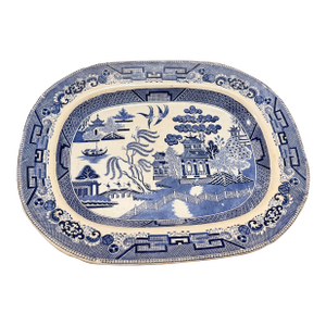 Antique Staffordshire Blue Willow Transfer Ironstone Oval Platter, Circa 1860s