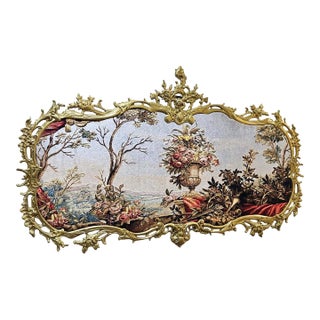 French Floral Tapestry Wall Art With Ornate Gold Leaf Frame – Rose Garden Landscape For Sale