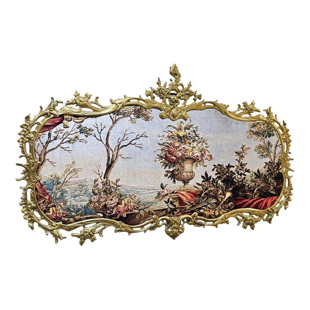 French Floral Tapestry Wall Art With Ornate Gold Leaf Frame – Rose Garden Landscape For Sale