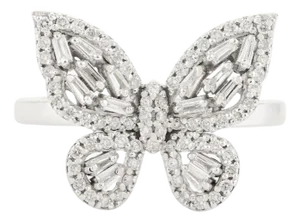 Nature Inspired 14k Solid Gold Butterfly Ring With Baguette & Round Diamonds