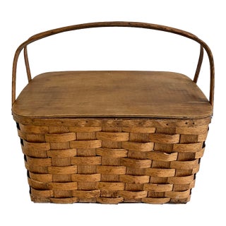 Vintage Splint Wood Picnic Basket For Sale