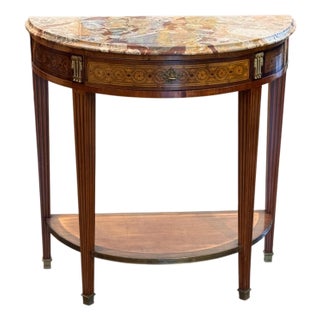 19th Century Marble Top Demi-Lune Console Table With Marquetry Frieze For Sale