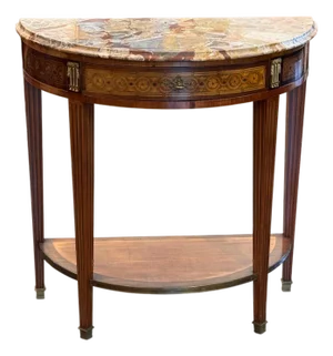 19th Century Marble Top Demi-Lune Console Table With Marquetry Frieze