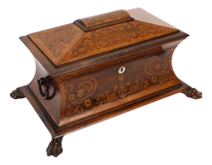 19th Century George IV Gonçalo Alves & Amboyna Marquetry Tea Caddy, 1825