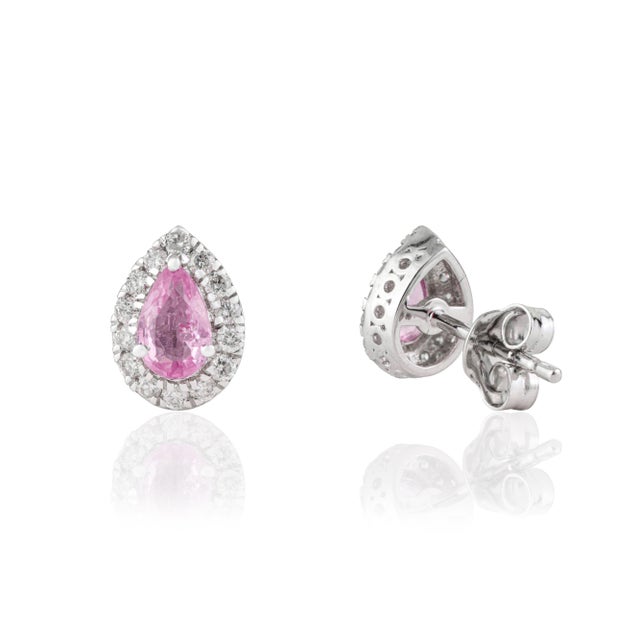 Natural Pear Cut Pink Sapphire & Diamond Halo Stud Earrings in 18k White Gold- 2 Pieces For Sale In New York - Image 6 of 13