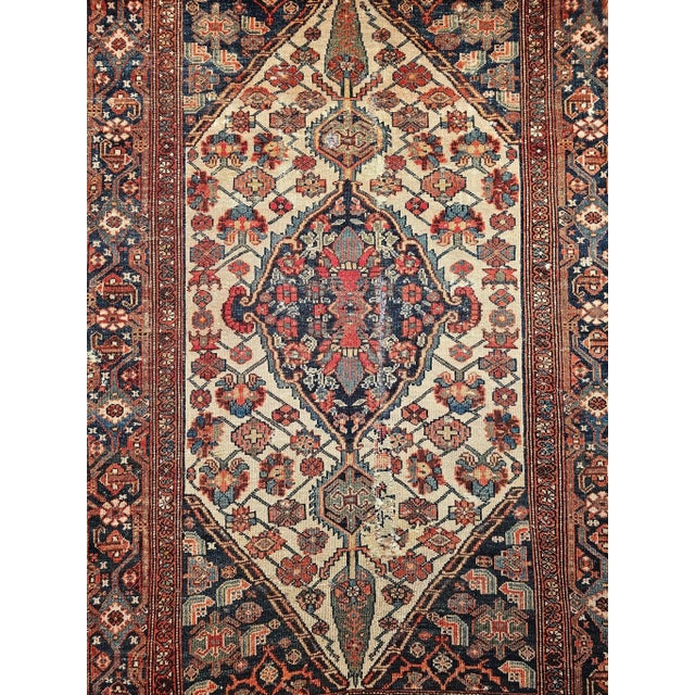 Late 19th Century Antique Persian Malayer Rug, Handwoven Geometric Medallion Pattern, Ivory & Navy, 4’ X 6’ For Sale - Image 5 of 12