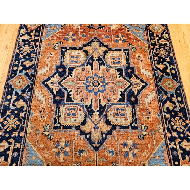 Textile Antique Persian Heriz Serapi Rug, Hand-Knotted Wool, Geometric Pattern, Brick-Red & Blue, 3x3 For Sale - Image 7 of 13