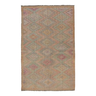 Vintage Turkish Kilim Rug With Peach, Sage, Gold and Soft Pink Diamonds 5'11 X 10'0 For Sale