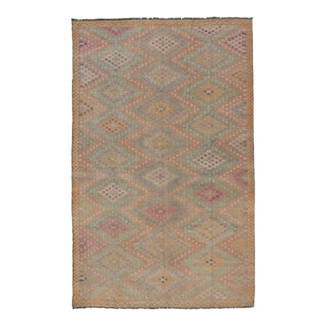 Vintage Turkish Kilim Rug With Peach, Sage, Gold and Soft Pink Diamonds 5'11 X 10'0 For Sale