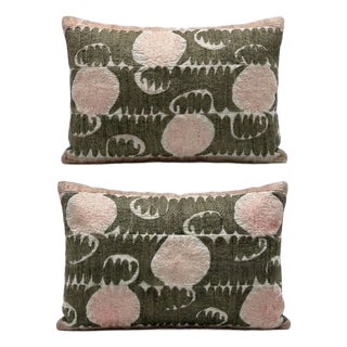 Hand Embroidered Suzani Lumbar Pillow Cover 18'' X 24'' - Set of Two For Sale