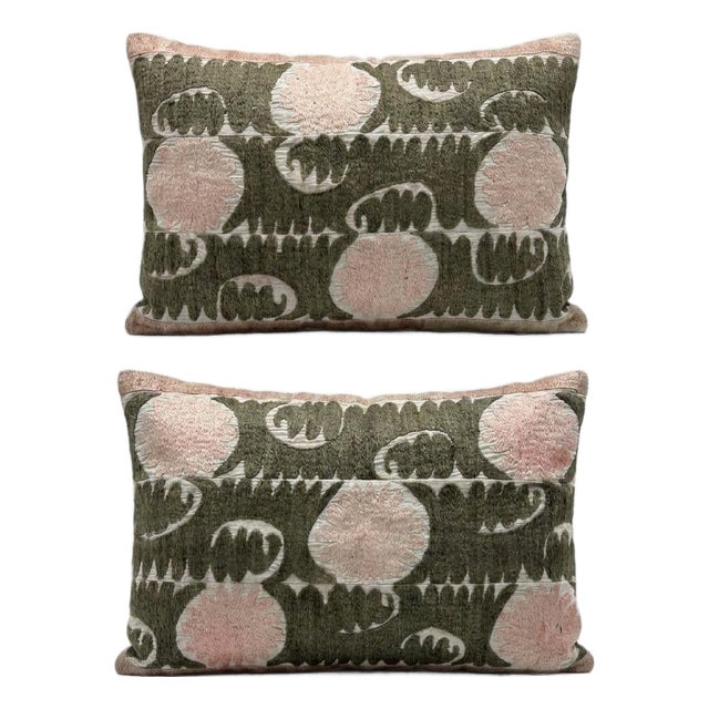 Hand Embroidered Suzani Lumbar Pillow Cover 18'' X 24'' - Set of Two For Sale