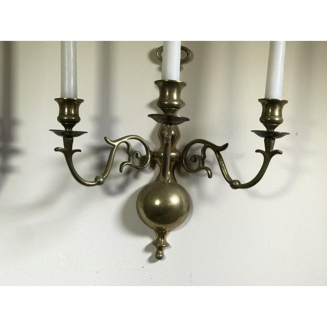 Brass Vintage Three-Light Brass Candle Wall Sconces—A Pair For Sale - Image 8 of 8