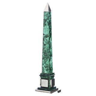 Obelisk in Malachite with Silver Appliqués, 20th Century For Sale