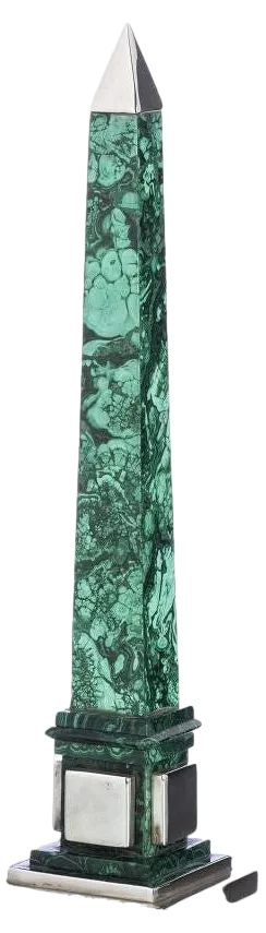 Obelisk in Malachite with Silver Appliqués, 20th Century