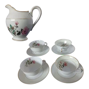 1940s Charles Field Haviland Limoges French Porcelain Cups and Saucers Set With Creamer- 5 Pieces