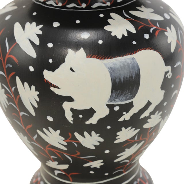 Vintage Brunschwig & Fils Table Lamp - Black and Cream Ceramic With Boar and Deer Motif - a Pair For Sale In New York - Image 6 of 12